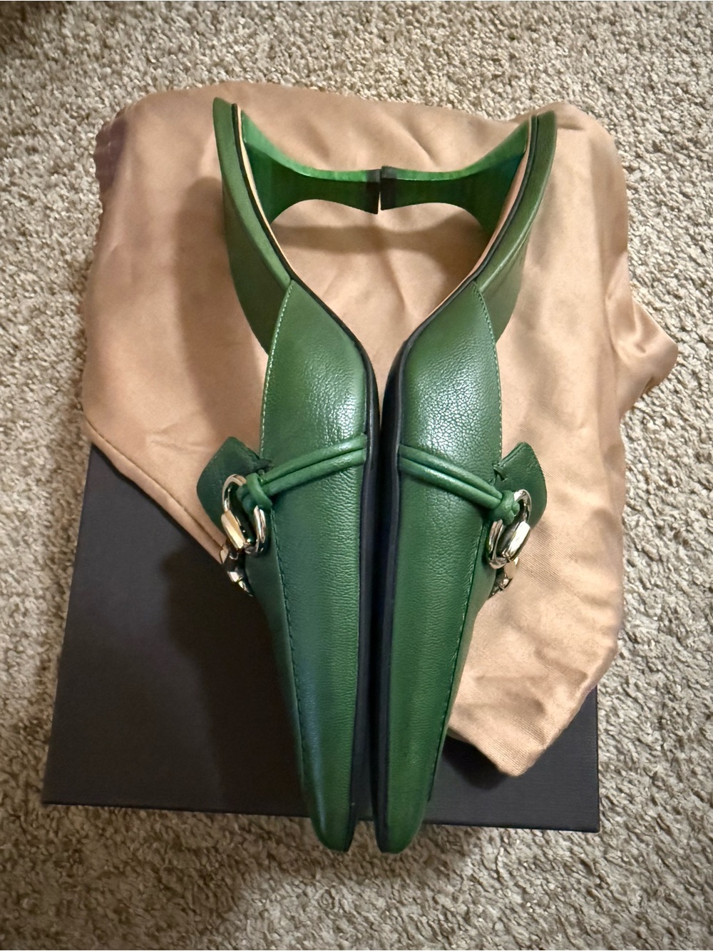 Gucci Emerald Green Leather Horsebit Pointed Mule Heels - Picture 5 of 7